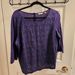 Crochet front Blue purple top 3/4 sleeves buttons back Reitmans top XL